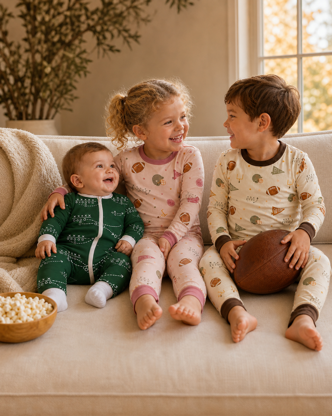 Three children wearing Little Playbook, Pink Pep Rally, and Vintage Football Soluna bamboo pajamas