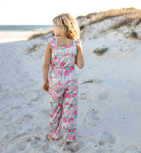 Mint Pink Floral Ruffle Jumpsuit - Button Detail