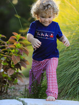 Baby Boy Christmas Outfit Set – Navy Santa Sleigh Holiday Collection by Rylee Faith Designs - Lifestyle View
