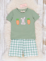 Gingham Carrot Patch Embroidered Boy Shorts Set by Marie Nicole Clothing - Back View - Easter Baby Clothing