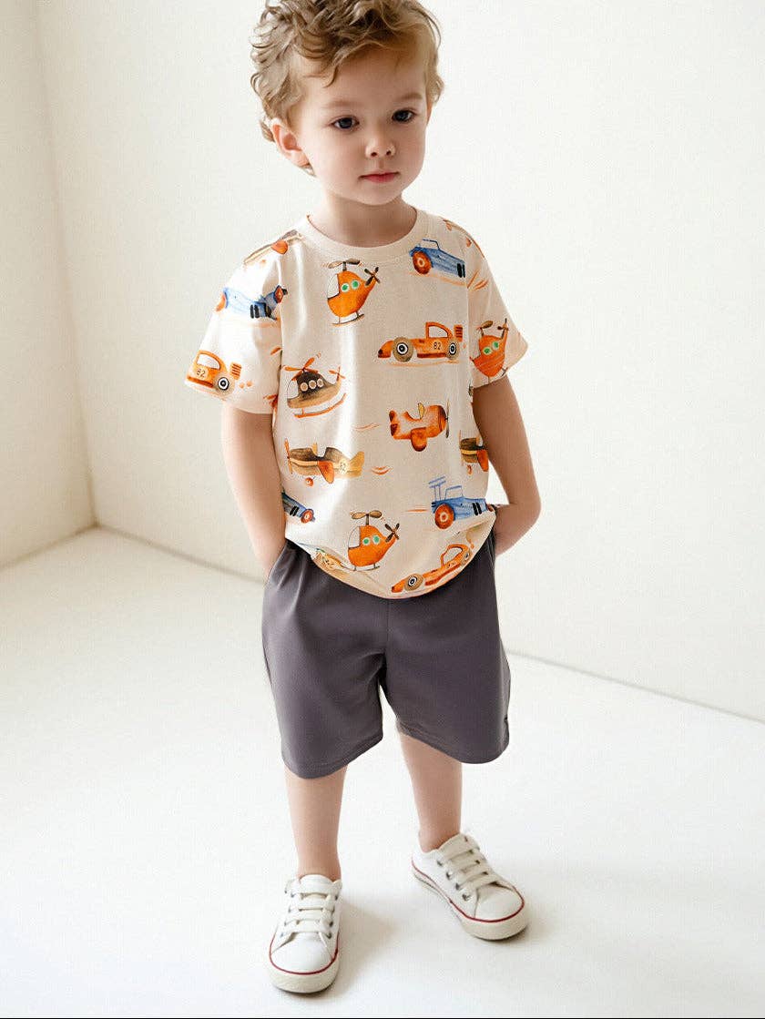 Boys cartoon print cotton t-shirt and shorts outfit for toddlers 2Y-5Y