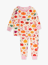 SoftSnooze™ Toddler Bamboo Viscose Fall Treats Ruffle Long Sleeve Pajama Set with Signature Rear Ruffles by RuffleButts + RuggedButts - Side View