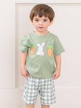 Gingham Carrot Patch Embroidered Boy Shorts Set by Marie Nicole Clothing - Front View - Easter Baby Clothing