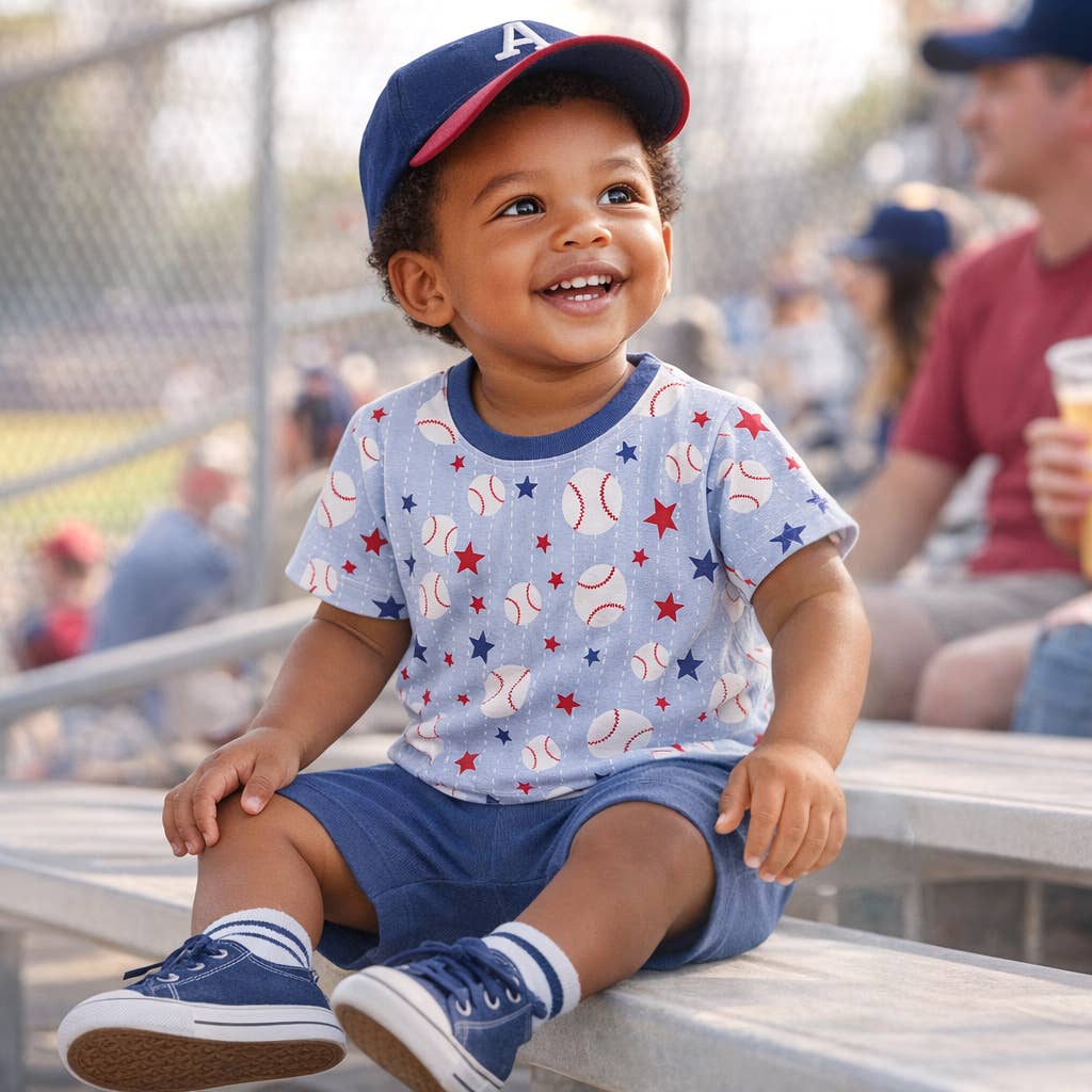 Grand Slam Baseball Bamboo Tee and Cotton Shorts Set for Boys by Tesa Babe - Product flat lay