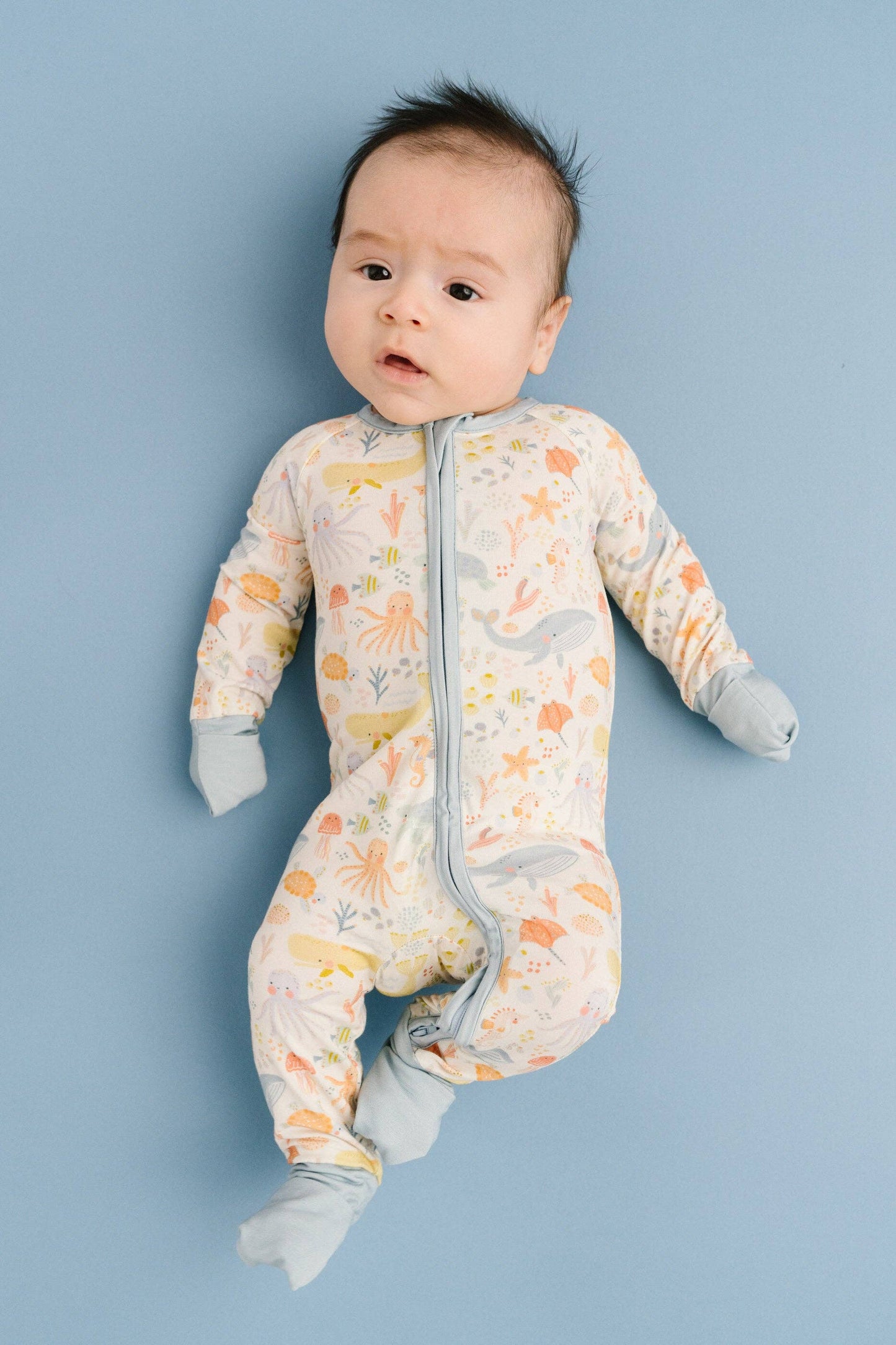 Underwater Friends Bamboo Sleeper by Little One Shop - Ocean Print Footed Baby Pajamas Front View