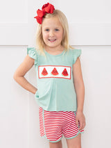 Watermelon Stripes Smocked Cotton Ruffle Outfit for toddler girls featuring ruffle smocked top with embroidered watermelon and matching striped shorts by Marie Nicole Clothing
