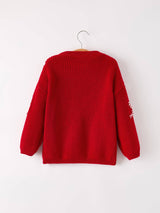 Girls' Red "Merry" Christmas Pullover Sweater - Festive Winter Holiday Knit for Kids by Rylee Faith Designs - Close-Up