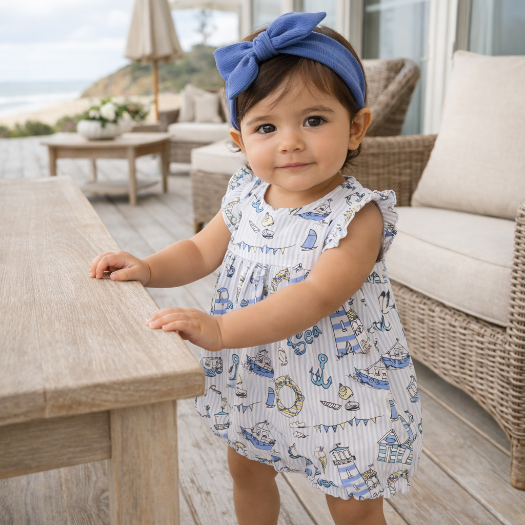 Seashore bamboo bubble romper for baby girls by Tesa Babe - soft breathable summer one-piece with coastal print