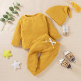 3pcs Solid Ribbed Long-sleeve and Trouser Set by PatPat - Detail View