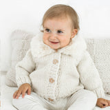 Back view of natural baby cardigan with fur collar - premium knit construction and soft texture