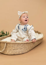 Atrani Embroidered Organic Baby Romper & Headband Set - Front View by Viverano Organics