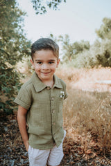 Organic Short Sleeve Button Up Shirt | Olive Green by The Honey and Bro Co - Front View