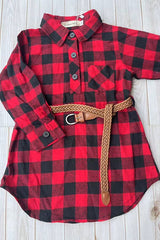 Red & Black Checkered Christmas Girls' Dress with Belt by luluclothes - Detail View