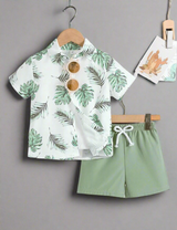 Island Breeze Boys Tropical Short Set by The Honey and Bro Co. — front view, green leaf print button-down top with matching shorts