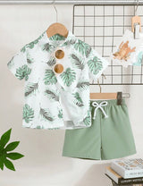 Island Breeze Boys Tropical Short Set by The Honey and Bro Co. — back view, tropical green print boys summer outfit