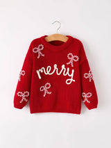 Girls' Red "Merry" Christmas Pullover Sweater - Festive Winter Holiday Knit for Kids by Rylee Faith Designs - Lifestyle View