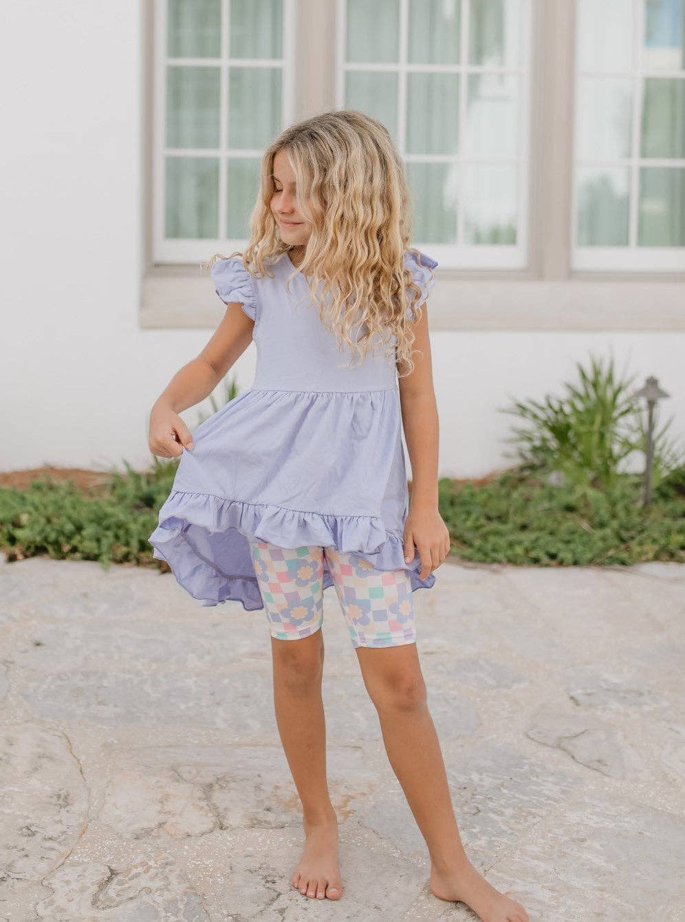 Girls Purple Periwinkle Pastel Spring Check Hi-Lo Short Set by Adorable Sweetness - Front View