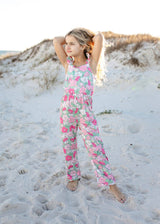 Mint Pink Floral Ruffle Jumpsuit - Flat Lay View