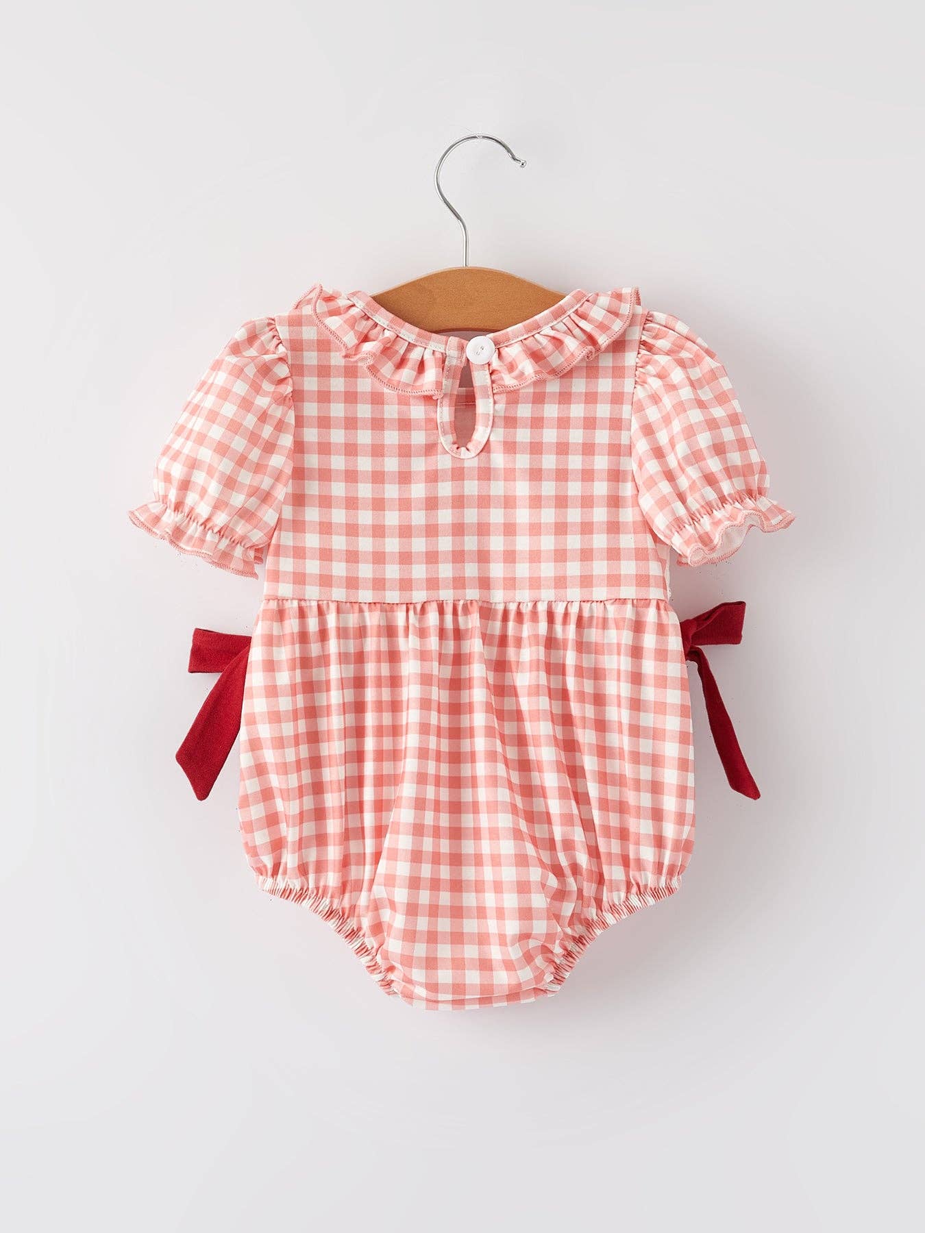 Baseball Smocked Plaid Romper for Baby Girl - Back view showing plaid pattern