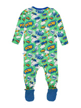 Comic Book Superhero Bamboo Footed Pajamas by RuffleButts + RuggedButts - Lifestyle View