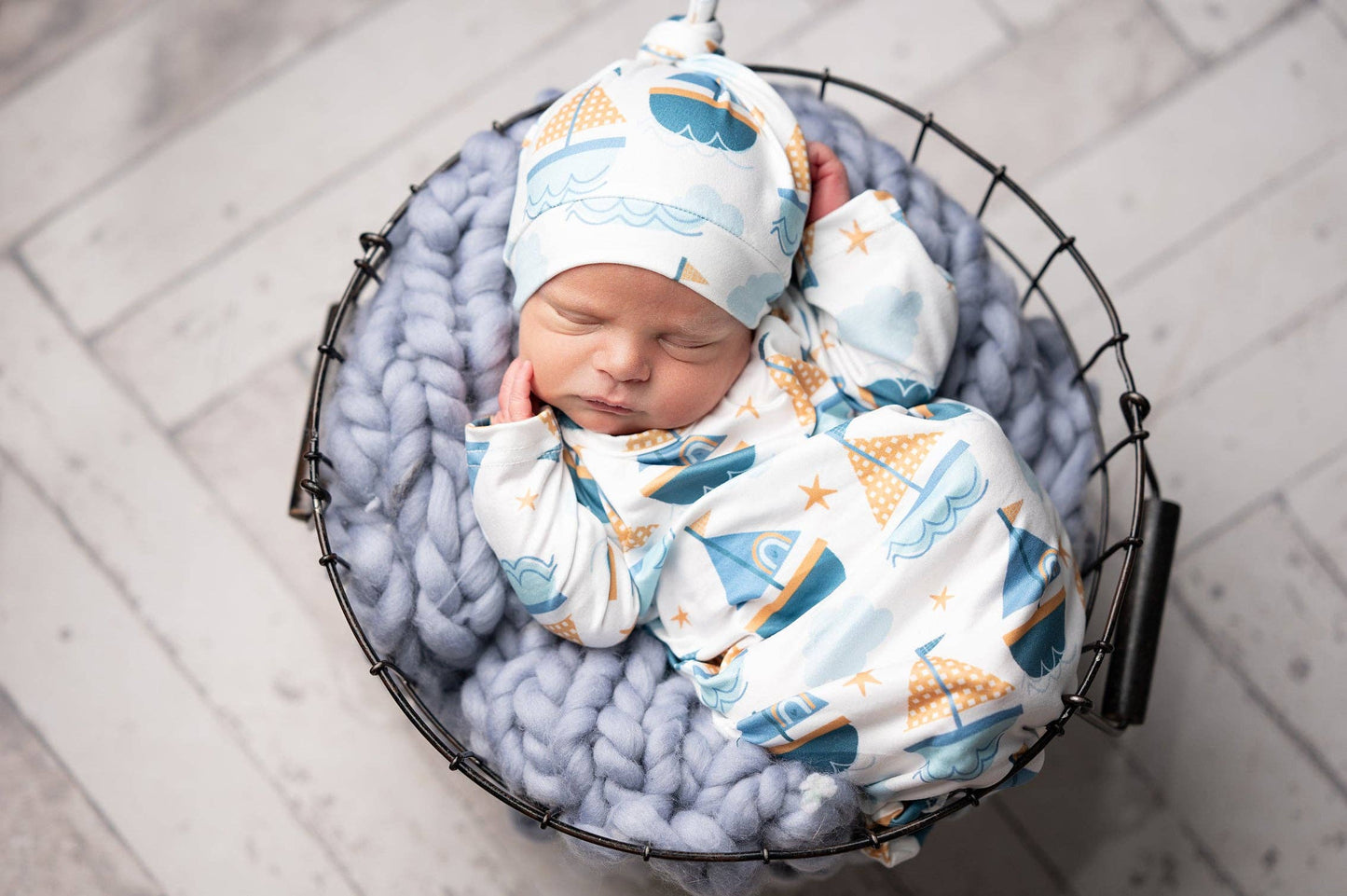 Infant Unisex Blue Sail Boat Baby Gown and Hat Set by Adorable Sweetness - Back View