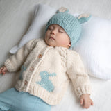BUNNY CARDIGAN SURF BLUE by Huggalugs - Lifestyle View - Easter Baby Clothing