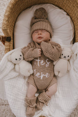He's Here Romper & Teddy Brown Booties Gift Set by The Honey and Bro Co. - Front View