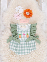 Gingham Carrot Patch Embroidered Bubble Romper by Marie Nicole Clothing - Front View - Easter Baby Clothing
