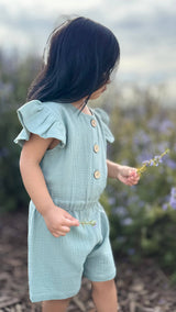 Lucy Sage Organic Muslin Cap-sleeve Romper by Mimi & Me - Front View