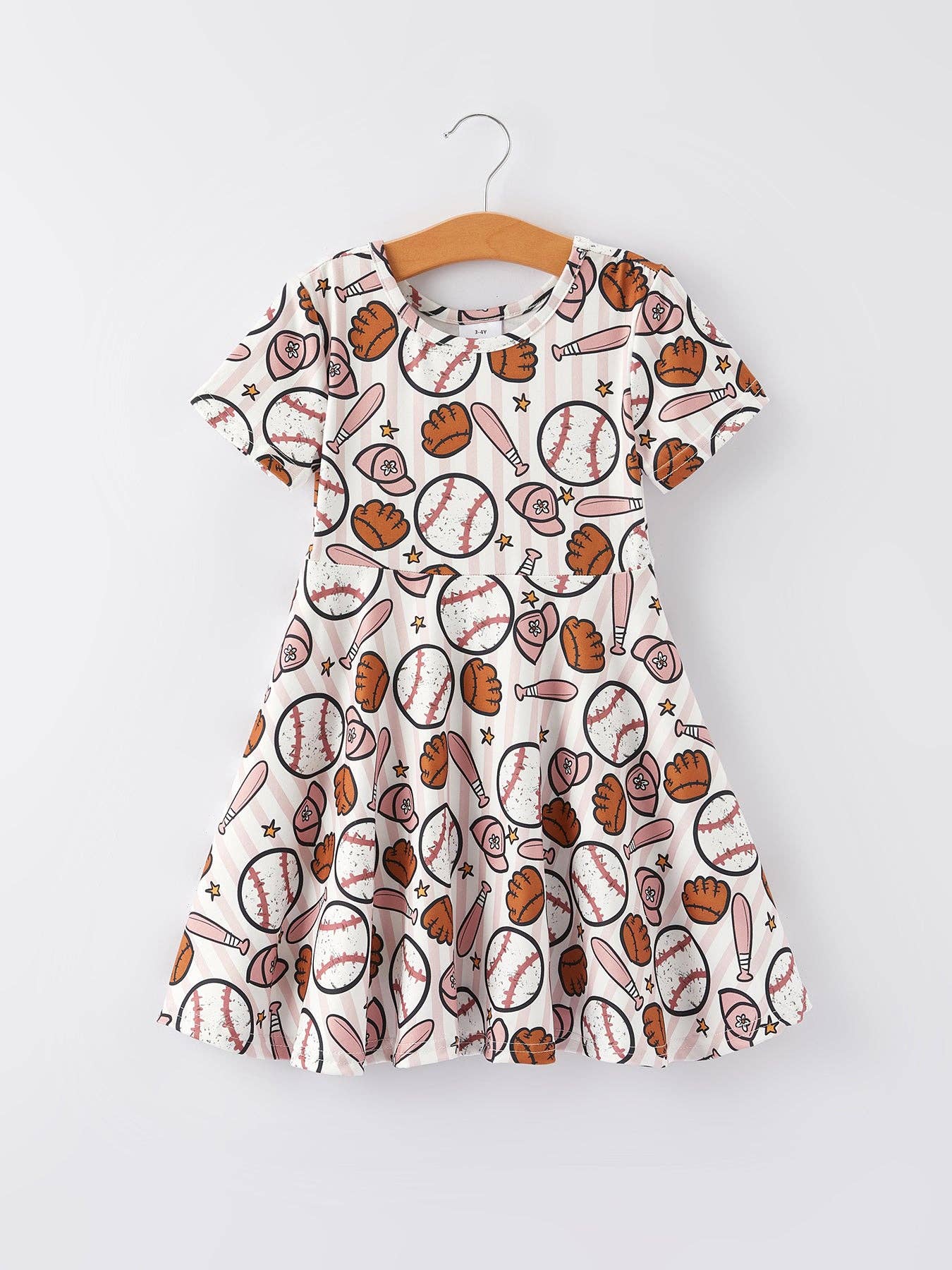 Baseball Milk Silk Dress for Girls by The Honey and Bro Co. - Front view showing baseball print A-line dress