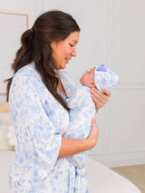 Butterfly Garden Toile Bamboo Gown & Bow Beanie Set by RuffleButts + RuggedButts - On Model - Newborn Baby Clothing