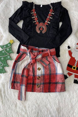 Black Knit Cotton Top & Flannel Plaid Skirt Toddler Set by luluclothes - Side View