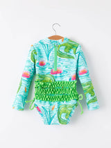 Crocodile Green Girls One-Piece Swimsuit - UPF Sun Protection Back View