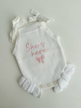 She's Here Frill Romper Deluxe Gift Set by The Honey and Bro Co. - Detail View