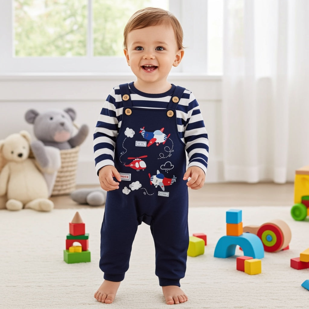 Baby Boy Airplane Print Suspender Shorts Set by The Honey and Bro Co. - Detail View