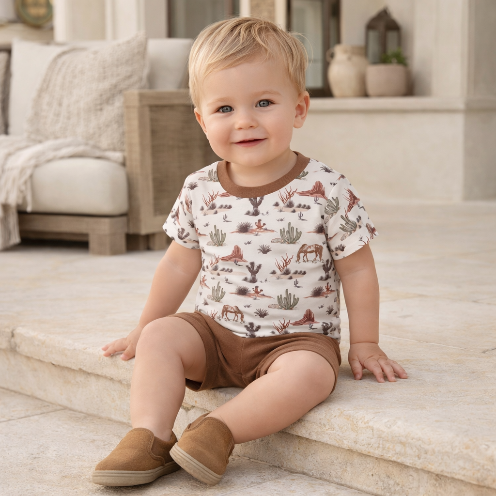 Southwest Cactus Trails bamboo tee and shorts set for baby boys by Tesa Babe - soft breathable summer outfit