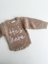 He's Here Romper & Teddy Brown Booties Gift Set by The Honey and Bro Co. - Detail View