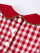 Girls' Red Plaid Christmas Dress with Tree Bow Accents by Rylee Faith Designs - Close-Up