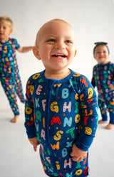 ALPHABET HAND-DRAWN BAMBOO ZIPPY PAJAMAS - Front View