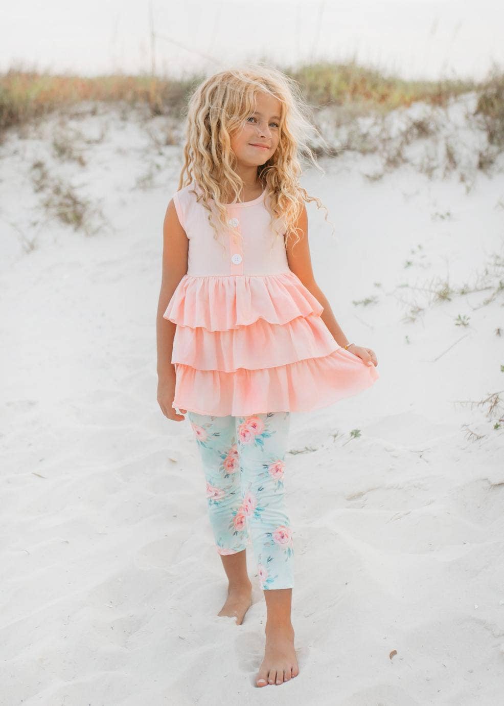 Peach Teal Floral Tiered Ruffle Spring Set for Girls - Back View