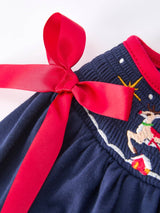 Navy Christmas Dress with Santa Sleigh | Festive Holiday Celebration Outfit for Girls by Rylee Faith Designs - Fabric Detail