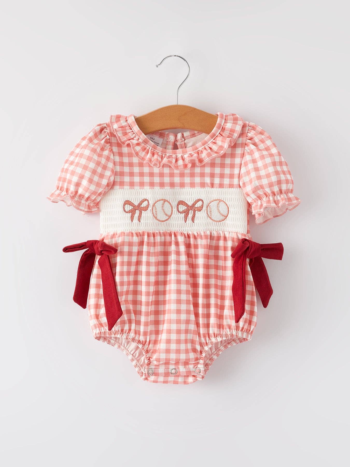 Baseball Smocked Embroidery Plaid Romper for Baby Girl by The Honey and Bro Co. - Front view with smocking and bow detail