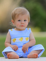 Spring and Summer Baby Chick Embroidery Blue Boy Romper by Rylee Faith Designs - Back View - Easter Baby Clothing