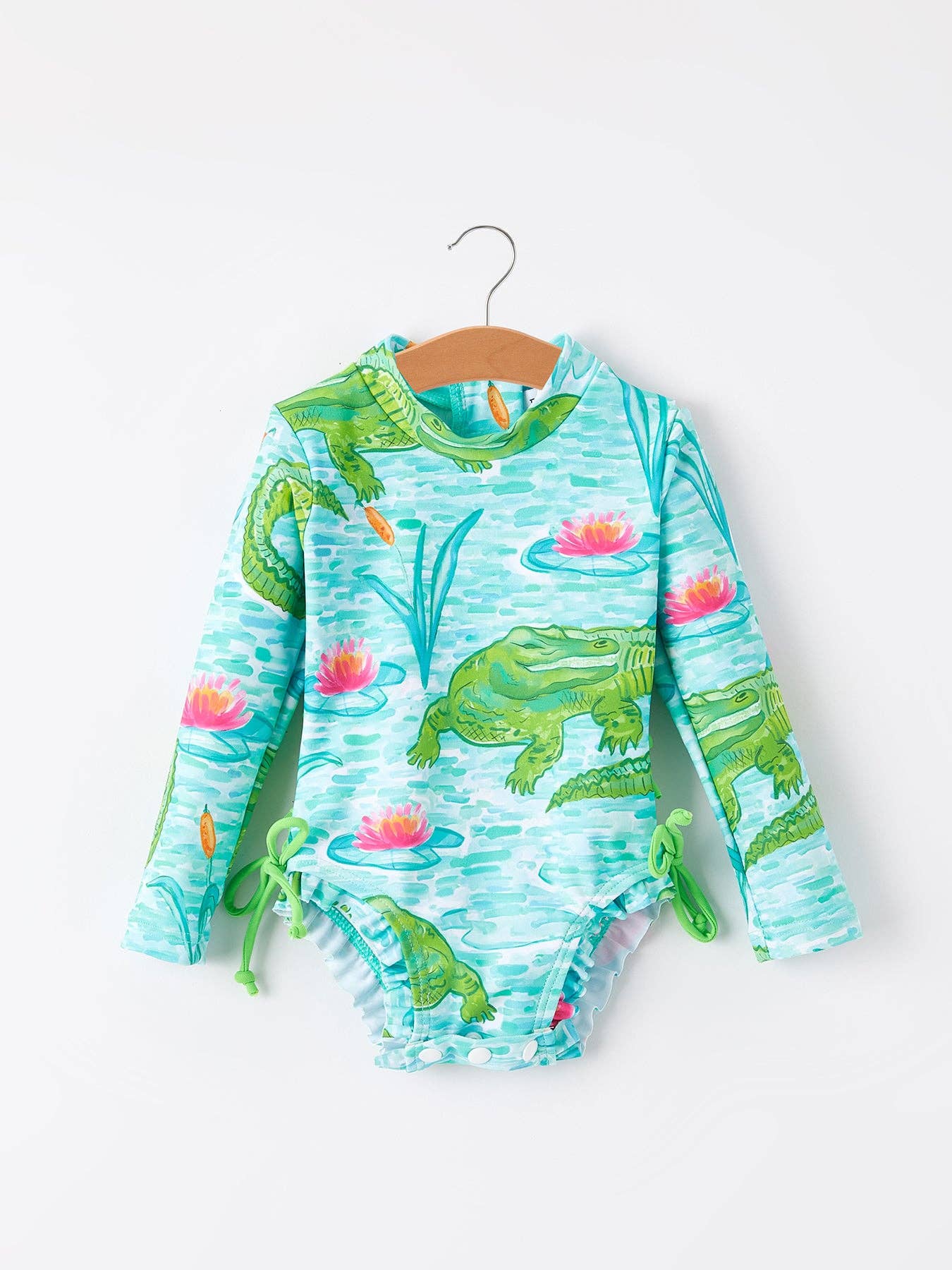 Crocodile Green Girls One-Piece Swimsuit - Bold Croc Print UPF Swimwear Front View