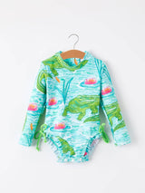 Crocodile Green Girls One-Piece Swimsuit - Bold Croc Print UPF Swimwear Front View