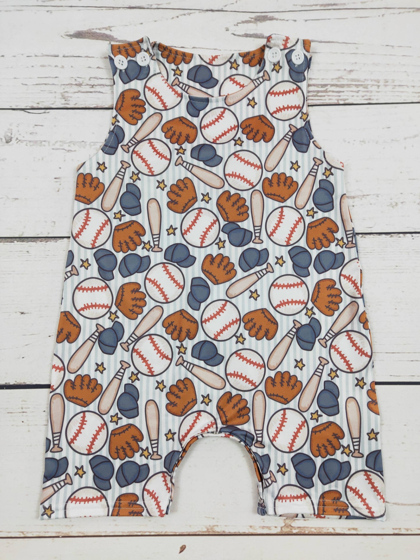 Baseball Printed Romper for Baby Boy by The Honey and Bro Co. - Front view showing all-over baseball print design