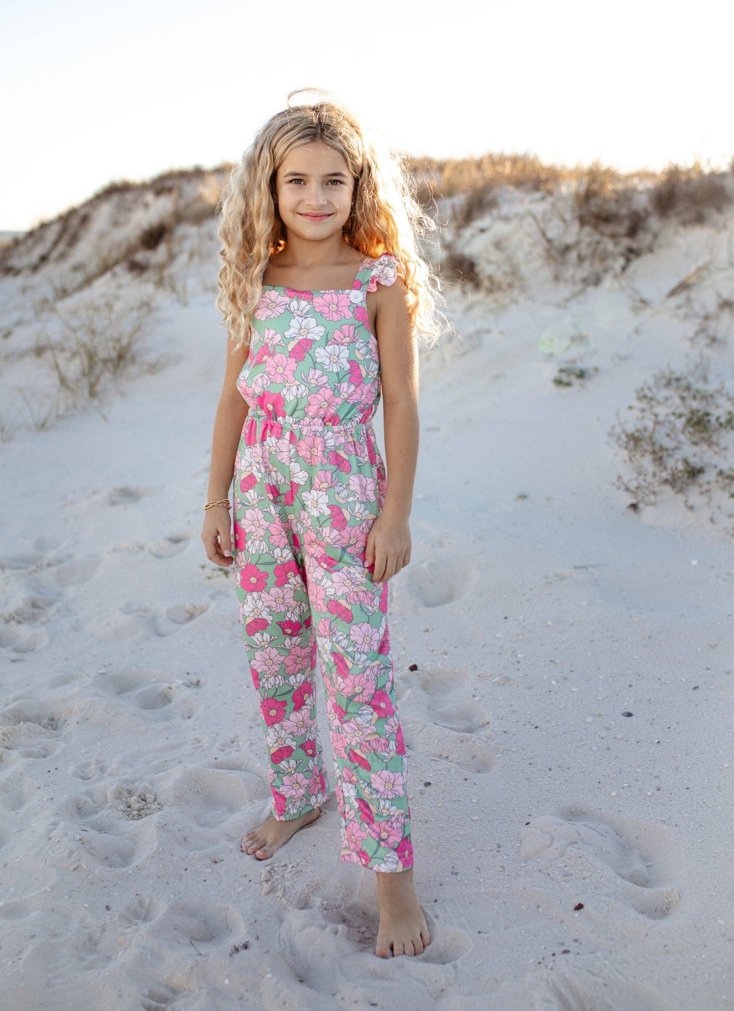 Mint Pink Floral Ruffle Jumpsuit for Girls - Front View