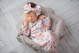 Pink Botanical Baby Gown and Bow Headband | Infant Girls by Adorable Sweetness - Front View