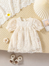 Tulle Embroidery Baby Girl Romper with Lace Ruffle by Rylee Faith Designs - Front View - Baby Girl Clothing