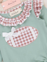 First Down Embroidered Gingham Football Ruffle Romper by Marie Nicole Clothing - Detail View